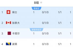 巴掌马vs英格兰-3-两场都是1-1！B组积分榜：瑞士、加拿大、卡塔尔、波黑同积1分