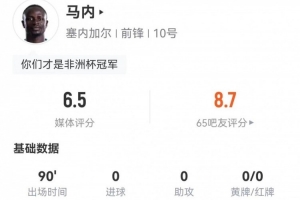 加掌大vs卡塔尔-2-34岁马内本场1射+12丢失球权 10对抗5成功+3造犯规 获评6.5分