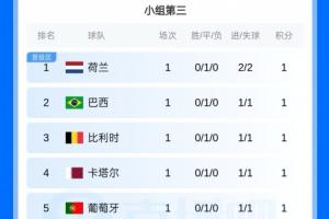 加拿大vs波黑-前8出线！小组第三排名：荷兰、巴西、比利时、葡萄牙、西班牙前8
